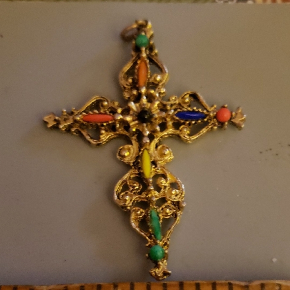Roma Gold Cross Pendant with Multicolor Accents